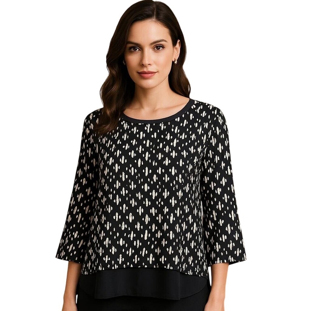 Kim Rogers Blouse‎ Top 3/4 Sleeve Black White Print Round Neck Size L NWT